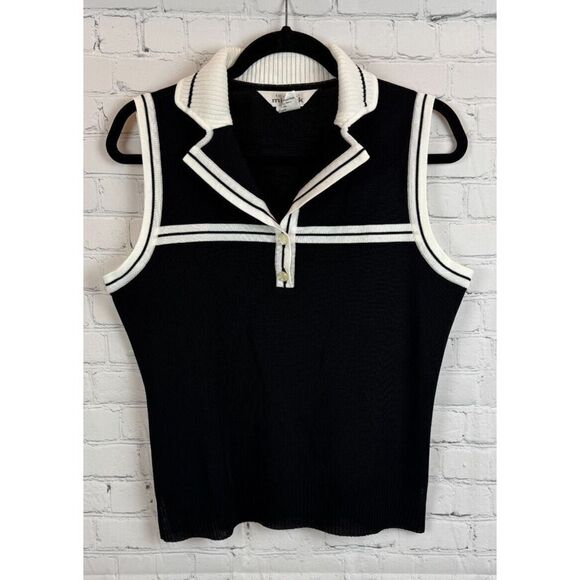 MISOOK black white trim collared sleeveless knit top sweater M NWOT - Picture 1 of 6